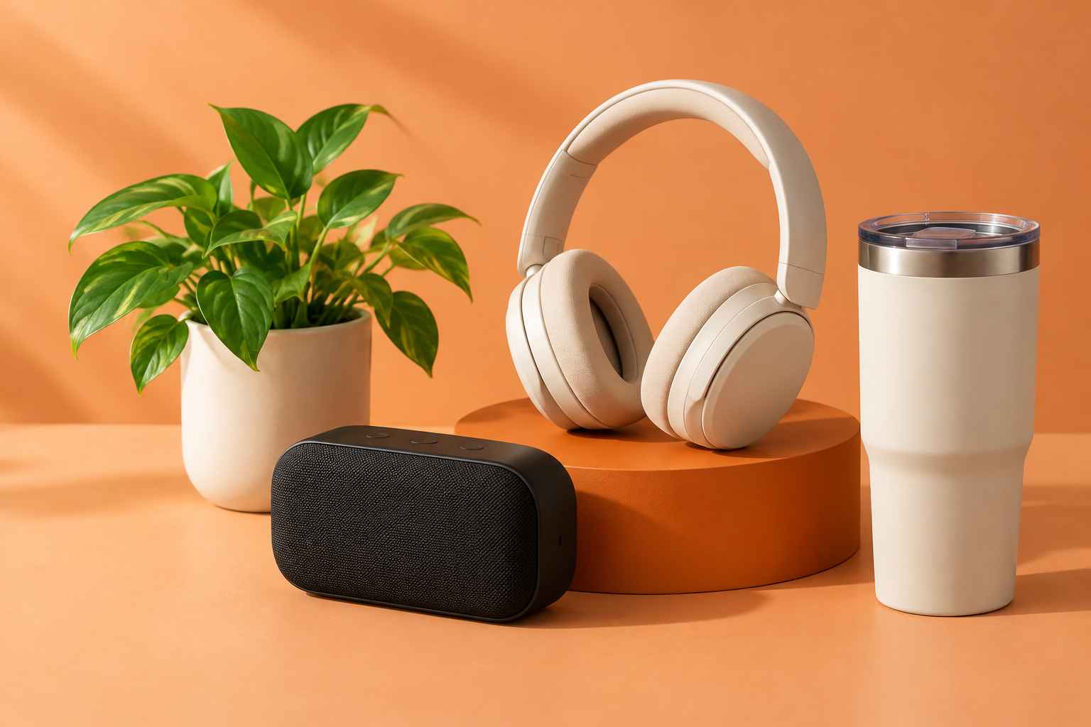 Unbranded everyday headphones, a speaker, and drinkware arranged in a studio